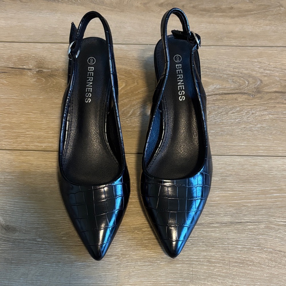 Black Croc-Embossed Slingback Heels